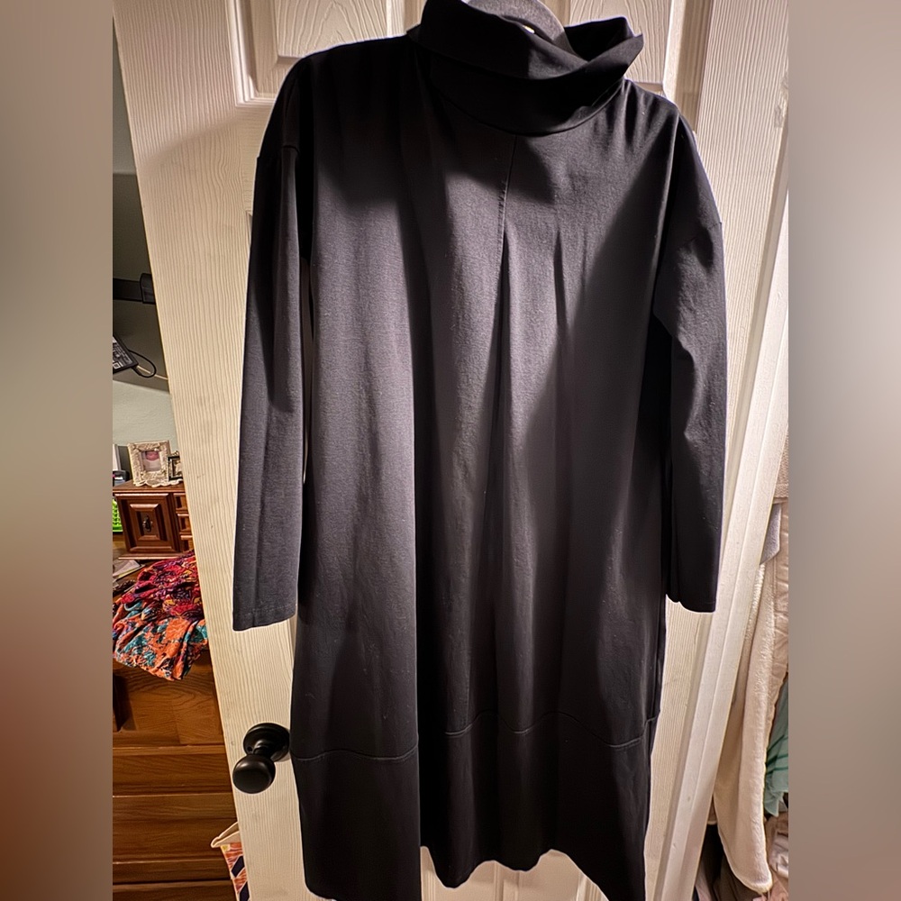 Mock Neck Elegant Black Long Sleeve Dress with Pockets